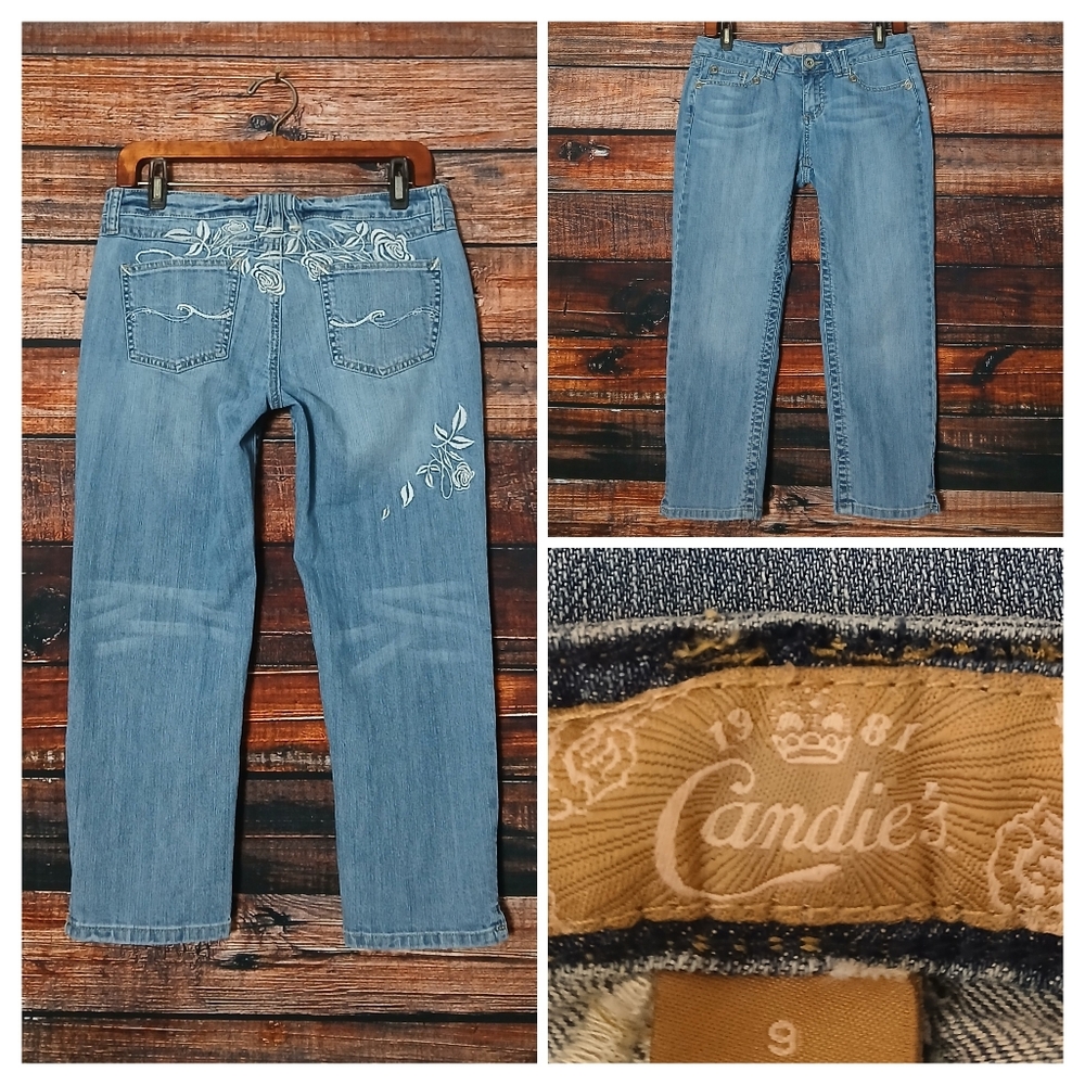 Candies Jeans 9 Capri Vintage Floral Embroidered Low Rise Blue Denim Stretch